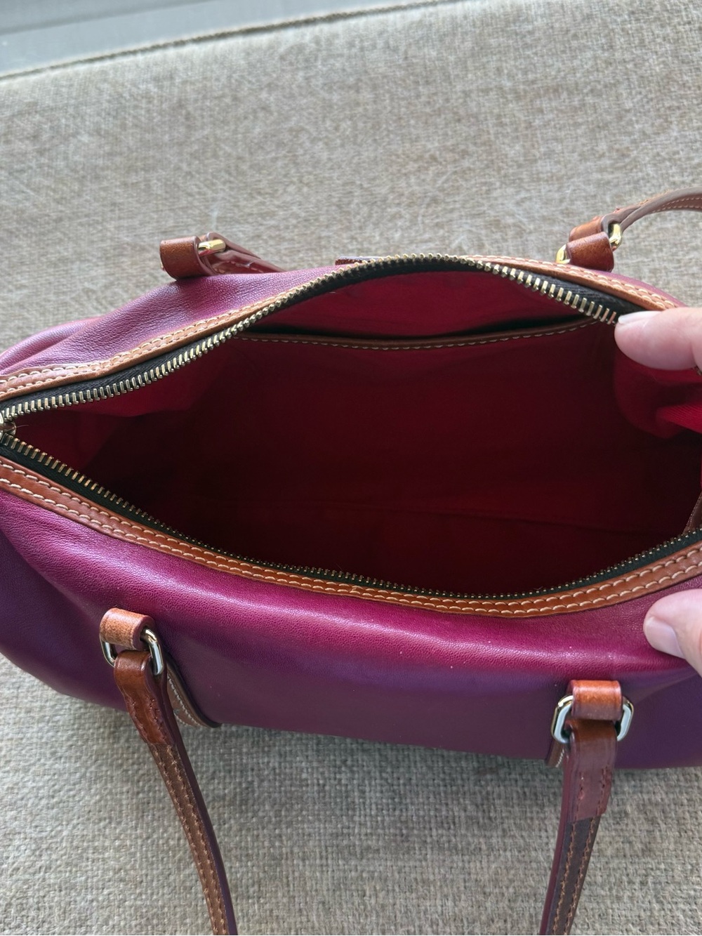 Dooney & Bourke Plum Leather Barrel Satchel with Brown Trim - Picture 5 of 8